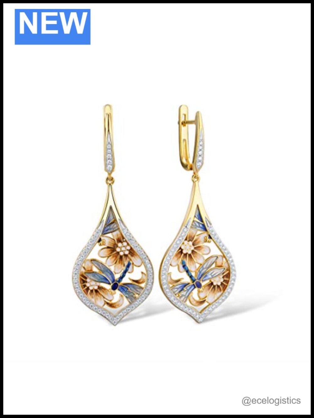 925 Sterling Silver CZ Flower Dragonfly Enamel Dangle Earrings